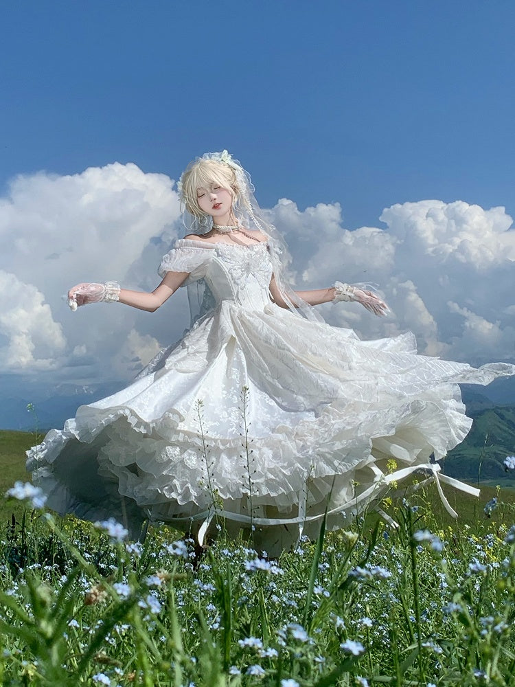White Butterfly Motif Puff Sleeve Lolita Top and Asymmetrical Hem Skirt Set - Sweet Wood Lolita