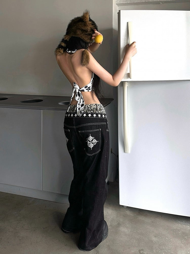 Rock Punk Leopard Print Double Waistband Curved-Leg Black Jeans - DETW OnLine