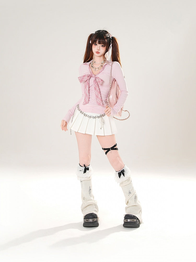 with Long Tie Gray/Pink Plaid Sleeve Accent V-Neck Bow Top