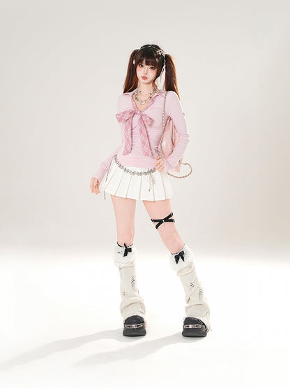 with Long Tie Gray/Pink Plaid Sleeve Accent V-Neck Bow Top