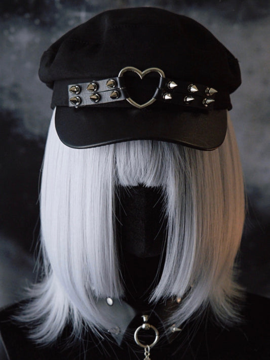 Ring Heart Hat Black Details Gothic Studs Beret