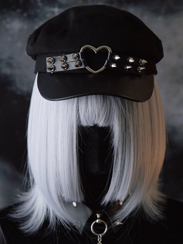 Studs Gothic Details Ring Hat Black Heart Beret