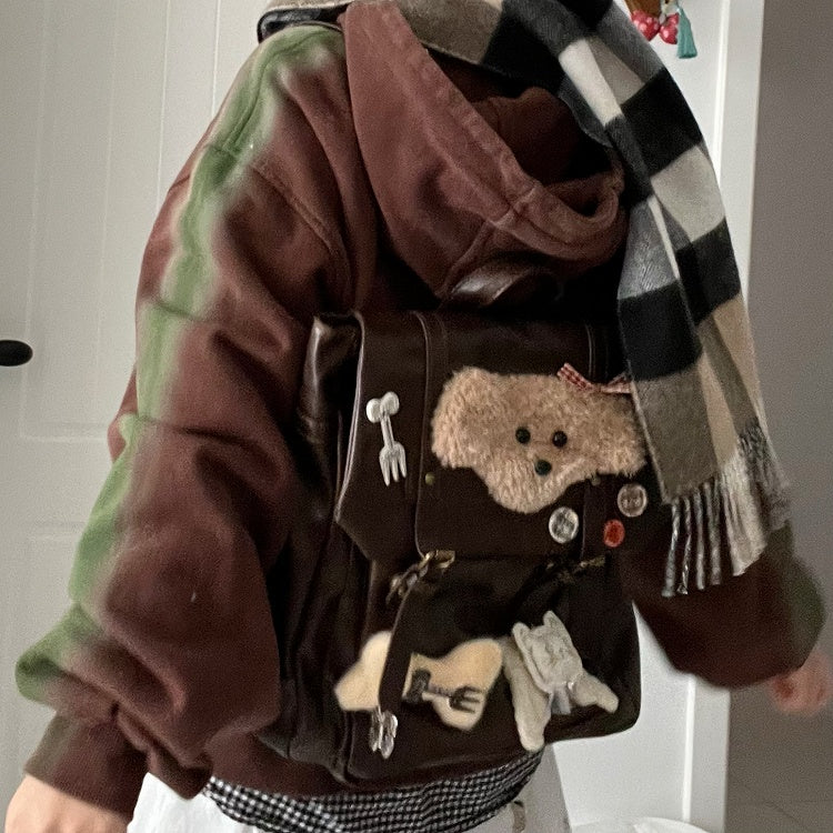 Preppy Brown | Backpack Puppy Vintage Flap with Plush Style Fold-Over Y2K