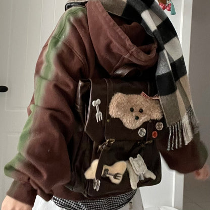 Preppy Brown | Backpack Puppy Vintage Flap with Plush Style Fold-Over Y2K