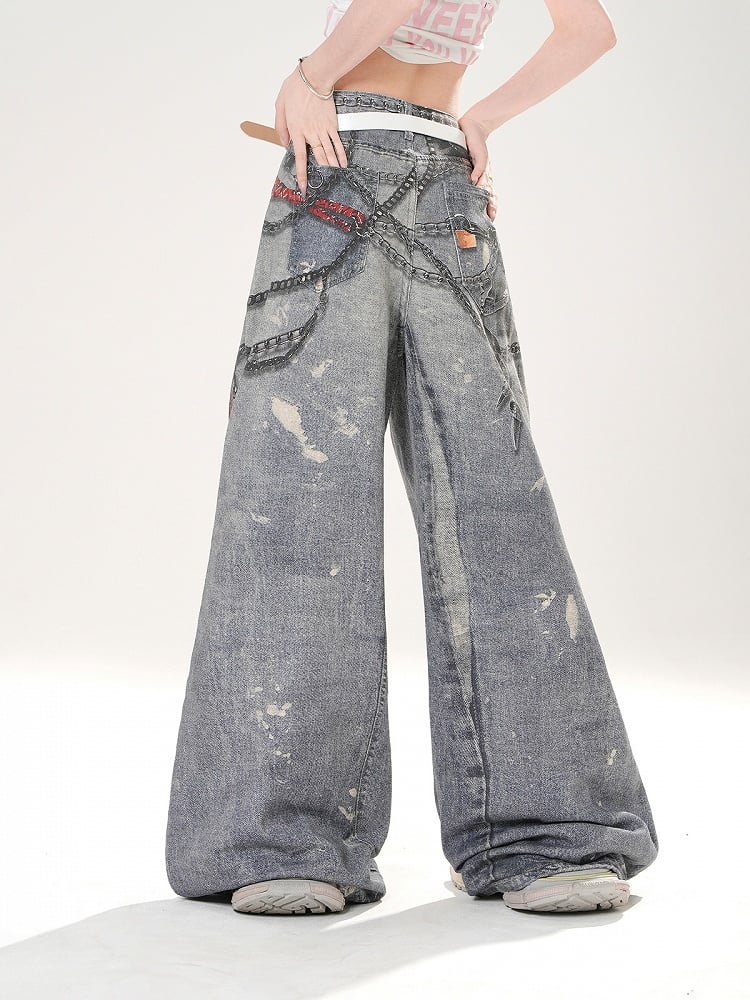 Blaue Jeans mit weitem Bein und niedrigem Aufdruck, Taillen-Sprühfarbenketten