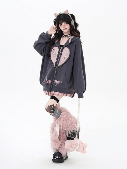 Black/Gray Ruffle Trim Zip-Up Hoodie with Bunny Ears and Sweetheart Applique