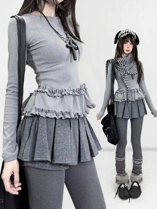 Sleeve Long Velvet Fashion Ruffled Gray T-Shirt De Kawaii