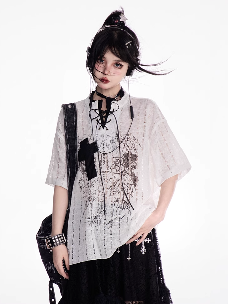 Y2K Holes Black/White Lace-up Mock Neck Distressed