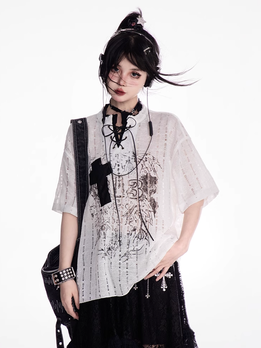 Y2K Holes Black/White Lace-up Mock Neck Distressed