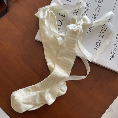 White/Black Sweet Bow Ribbon Calf Socks
