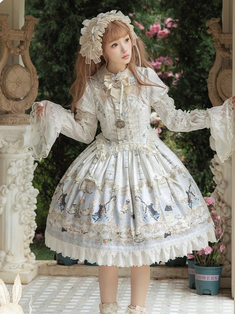Rabbit Print OP with Detachable Striped Sleeves - Stars Fall on the Foggy Island