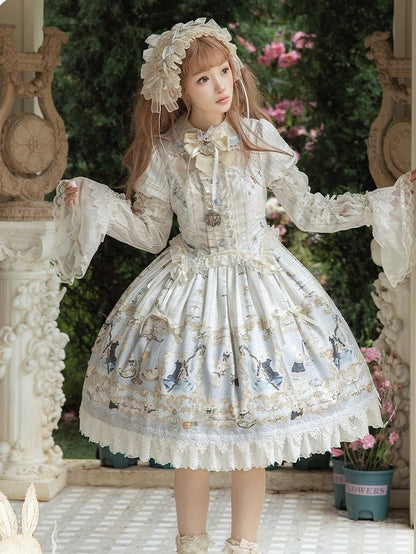 Rabbit Print OP with Detachable Striped Sleeves - Stars Fall on the Foggy Island