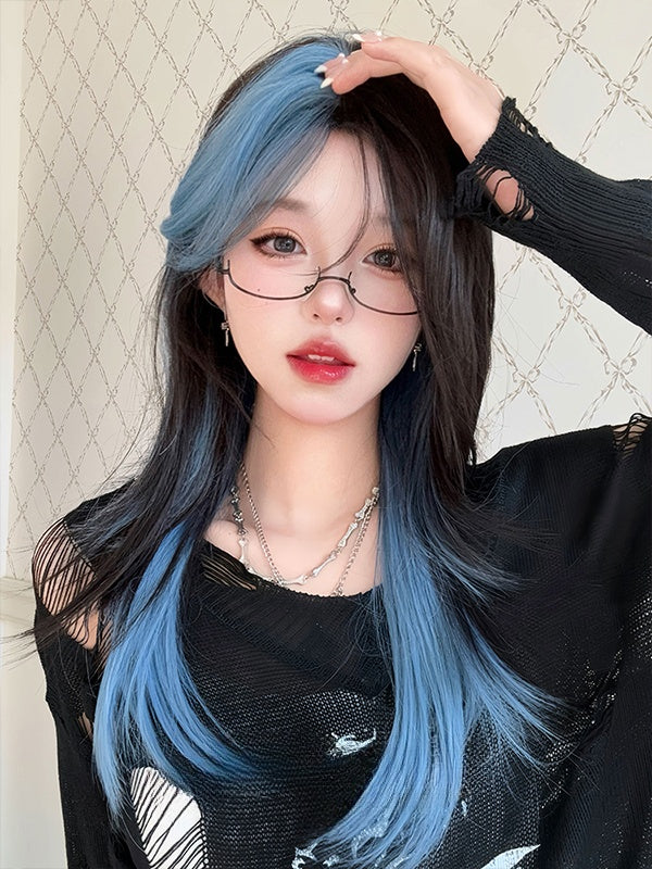 Lange, glatte Kunsthaarperücke mit schwarzen und blauen Highlights und Pony