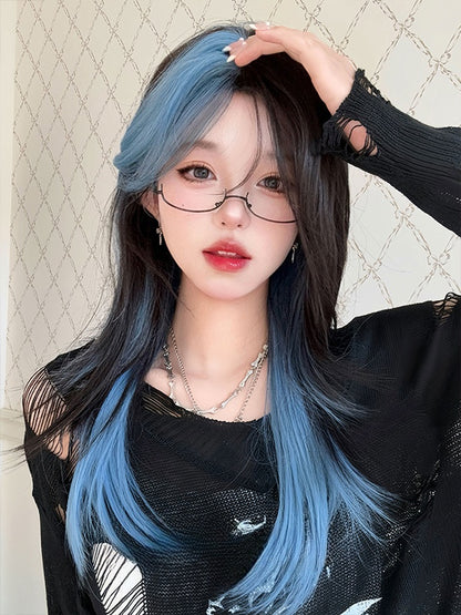 Lange, glatte Kunsthaarperücke mit schwarzen und blauen Highlights und Pony