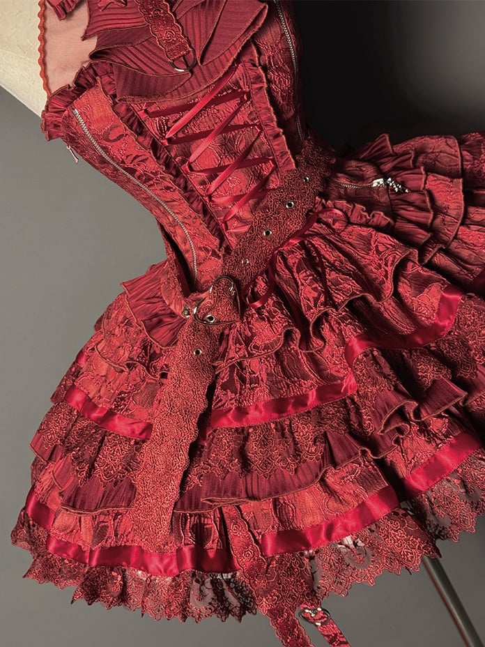 Ruffles Red Strappy Tiered Heart Gothic Skirt Buckle Lolita