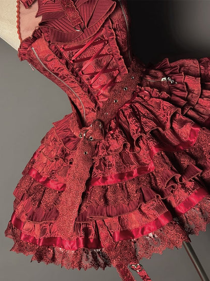 Ruffles Red Strappy Tiered Heart Gothic Skirt Buckle Lolita