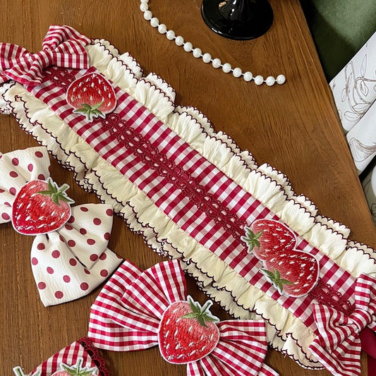 Pattern Strawberry Pink Embroidery Patch Plaid Hairband