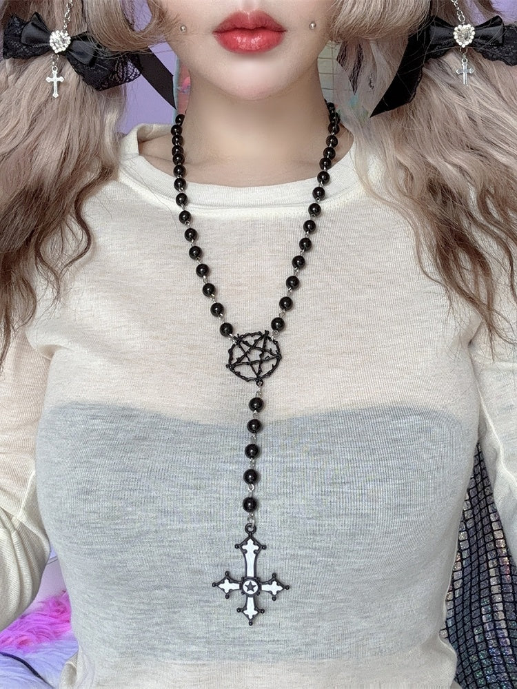 And Cross Beaded Pendant Necklace Black Pentagram