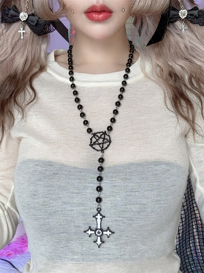 And Cross Beaded Pendant Necklace Black Pentagram