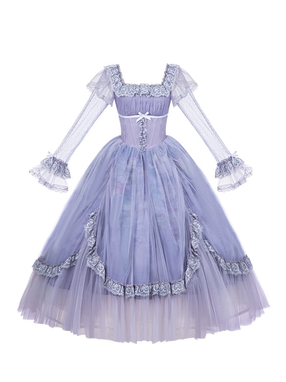 Drucken Lily Lange Öl Kleid Wasser Ausschnitt Malerei Ärmel Lila Lolita Rock Klassische Quadrat