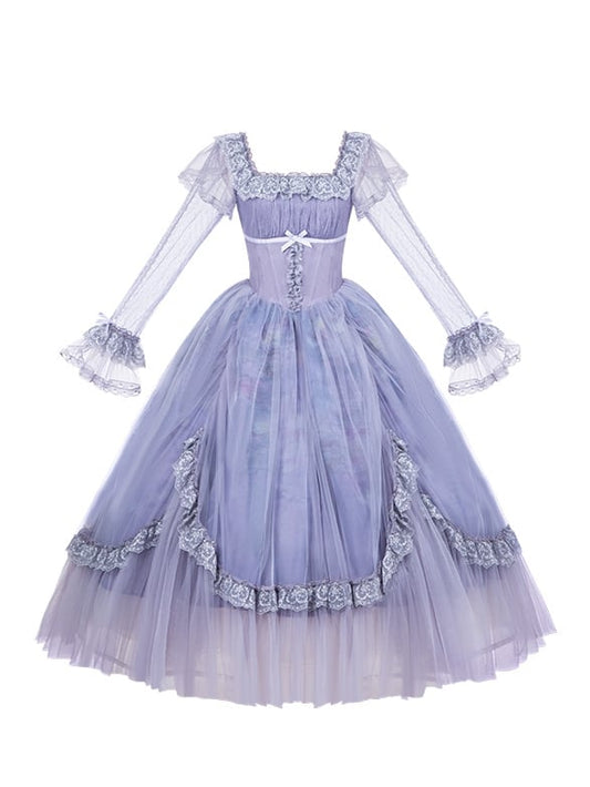 Drucken Lily Lange Öl Kleid Wasser Ausschnitt Malerei Ärmel Lila Lolita Rock Klassische Quadrat