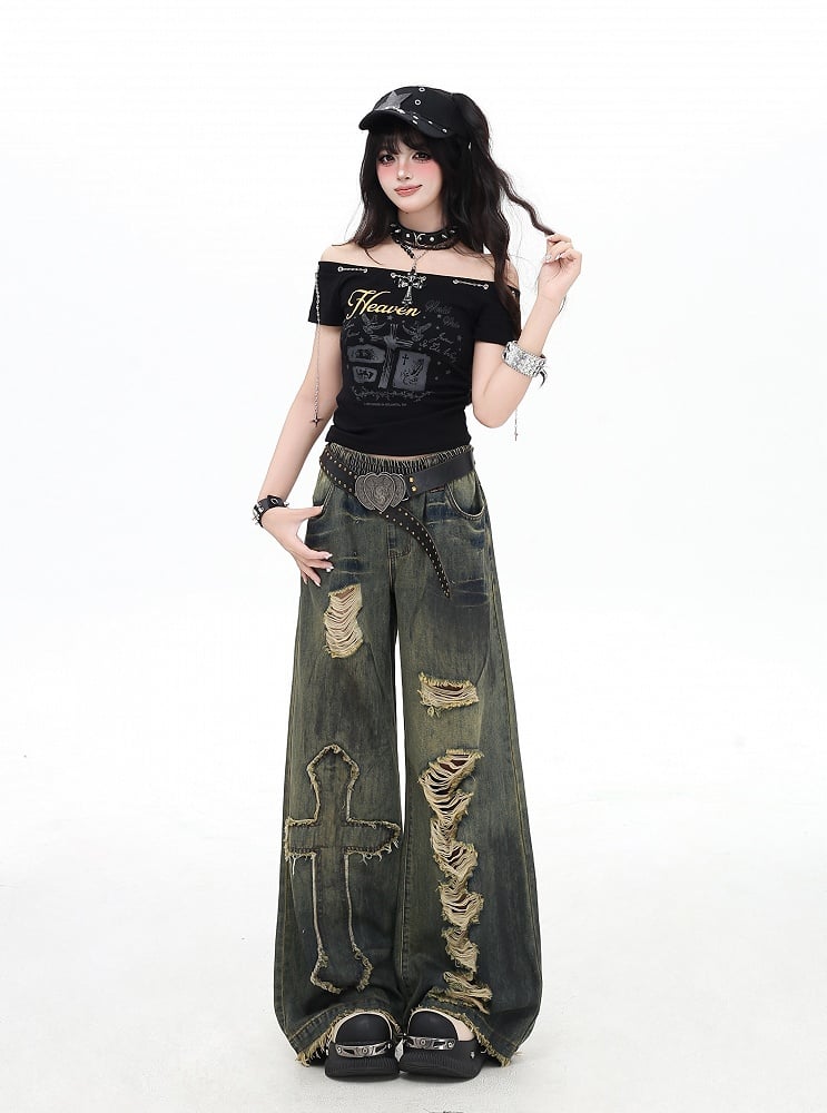 Distressed Vintage Wide-Leg Blue Jeans with Cross Patches - CRAZY GIRL