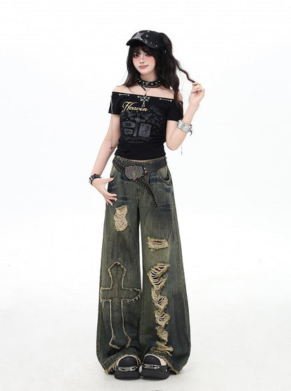 Distressed Vintage Wide-Leg Blue Jeans with Cross Patches - CRAZY GIRL