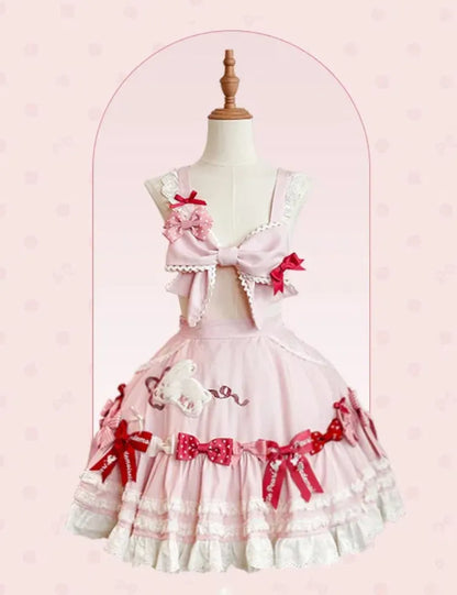 スカート ピンク 刺繍 ショルダーパッチ 取り外し可能 ロリータ スイートストラップ付き バニー