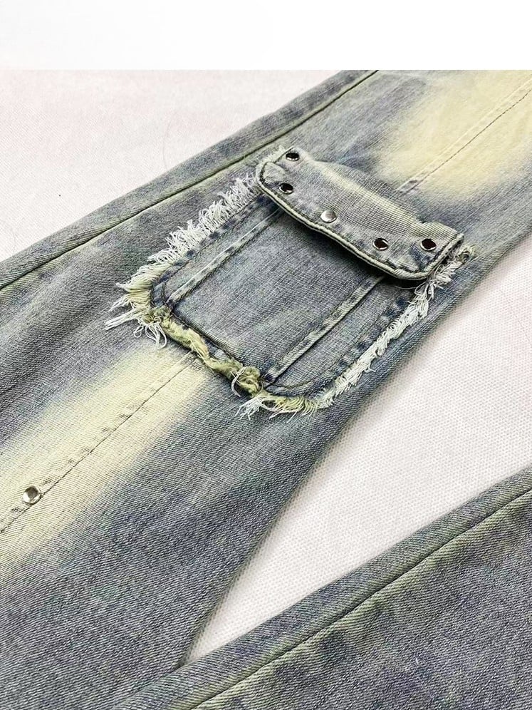 Verzierte Jeans, verblasste Bündchen, Y2K, ausgefranst, glamourös, blau, roh, Schlagtasche, Silhouette, gewaschen und