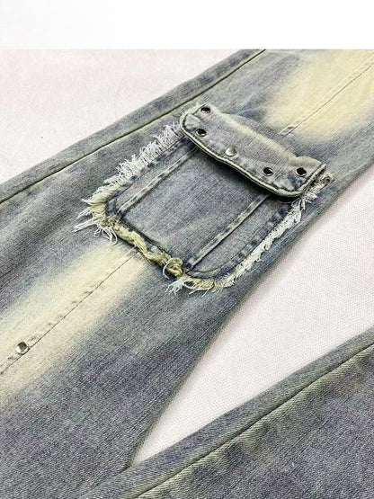 Verzierte Jeans, verblasste Bündchen, Y2K, ausgefranst, glamourös, blau, roh, Schlagtasche, Silhouette, gewaschen und