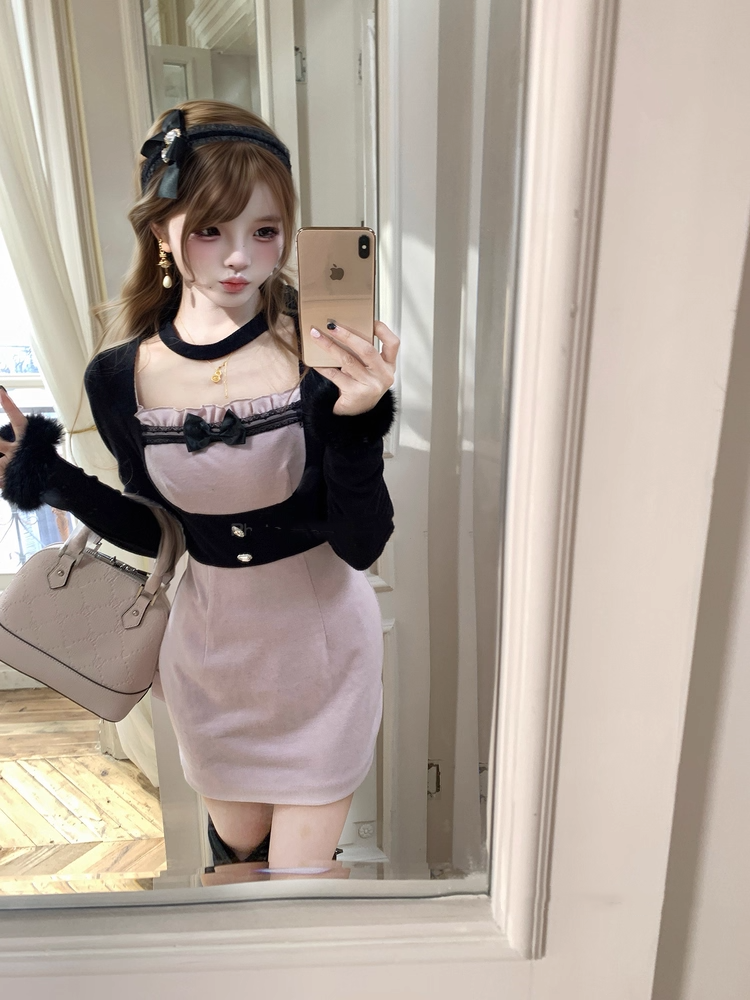 Jirai Kei Black and Purple Faux Two-Piece Dress with Plush Cuffs