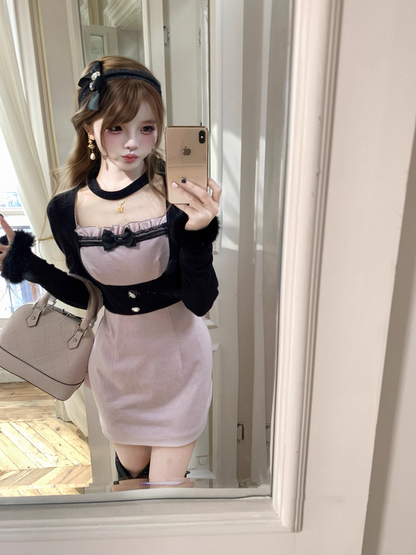 Jirai Kei Black and Purple Faux Two-Piece Dress with Plush Cuffs