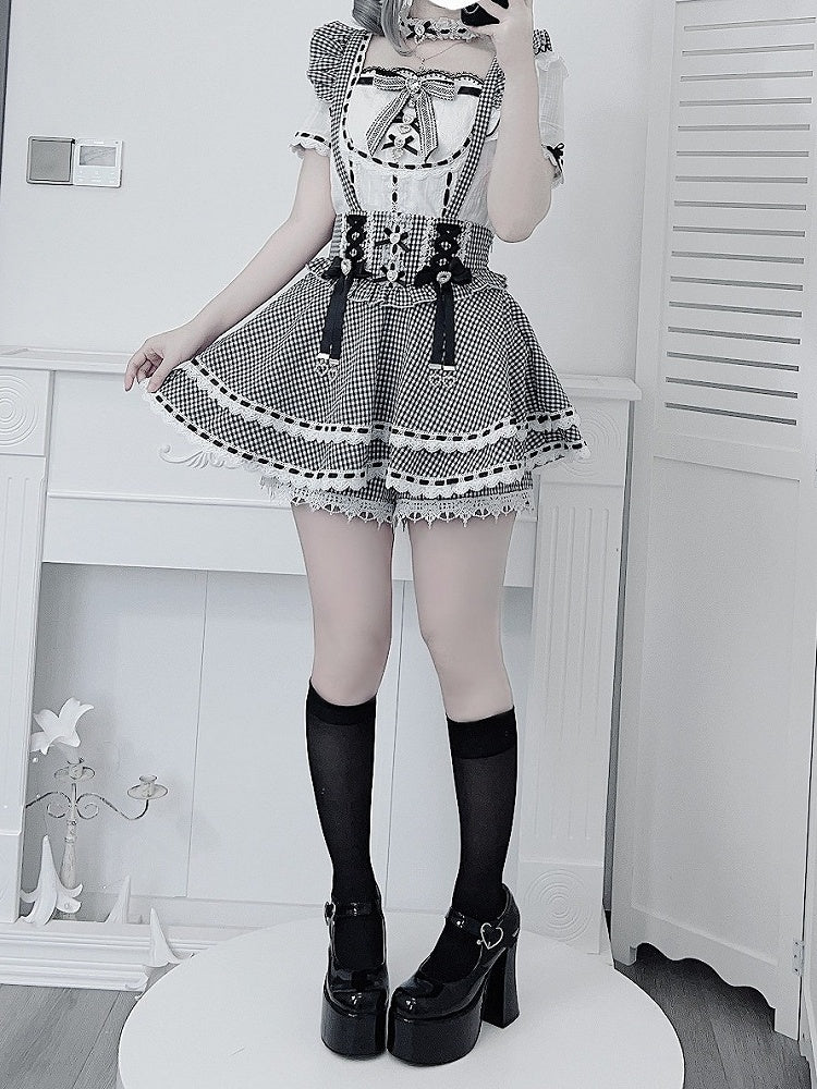 Black White Jirai Kei Square Neck Cotton Blouse with Bow Lace Details - Broken Bear