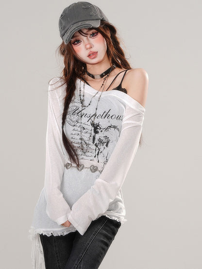 Schwarz/Weiß Asymmetrischer Ausschnitt Seitenschlitz Grafik Top Spitzensaum