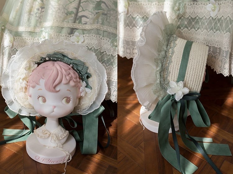 Bowknot Decoration Floral Green / Bonnet Purple