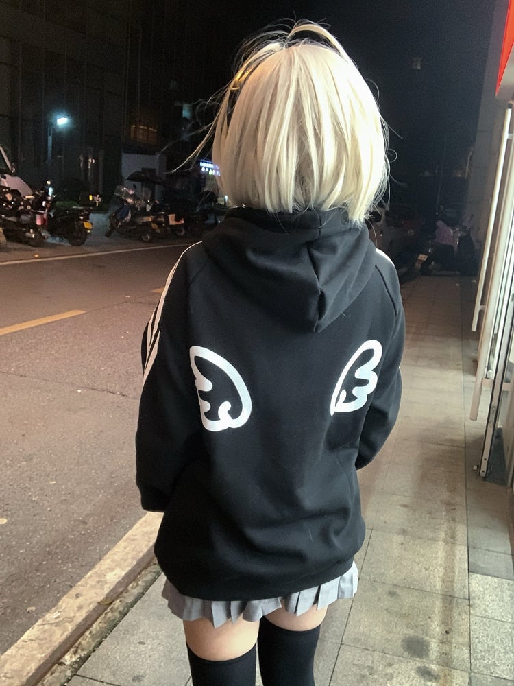 Black Bunny Print on with Angel Hoodie Sleeves Pattern Stripe