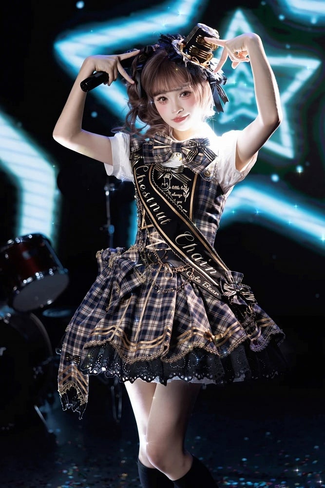 Blue Idol Lolita Plaid JSK Dress with Golden Bear Embroidery and Black Scalloped Hem - LiLi Chain