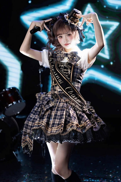 Blue Idol Lolita Plaid JSK Dress with Golden Bear Embroidery and Black Scalloped Hem - LiLi Chain
