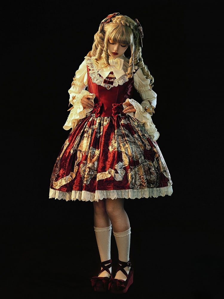 Red Baroque Wine Print Lolita Skirt Elegant Classic