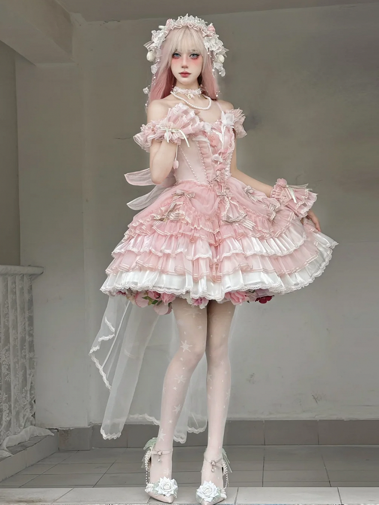 テーマピンクチューリップロリータドレスバレエコア姫レイヤードスカート