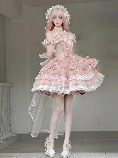 テーマピンクチューリップロリータドレスバレエコア姫レイヤードスカート