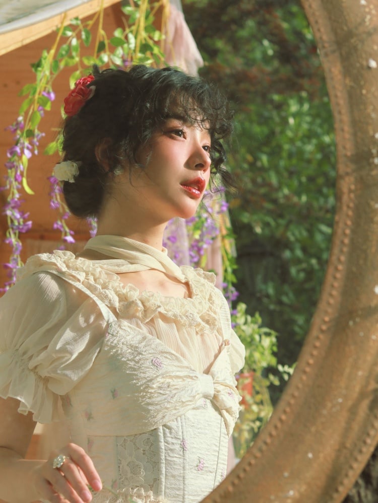 花柄フリルトリムブラウスコルセットトップセット