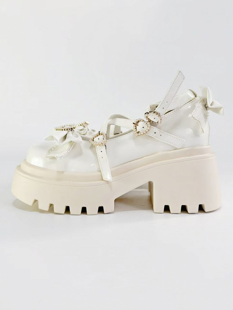 White Heart Platform Fastener Sweet Lolita Bow High Block with in Design Heels Accents Crisscross