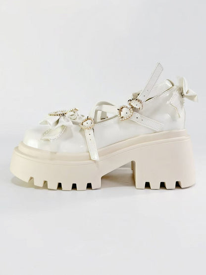 White Platform High Heels with Heart Buckle and Bow - Rainie Dream