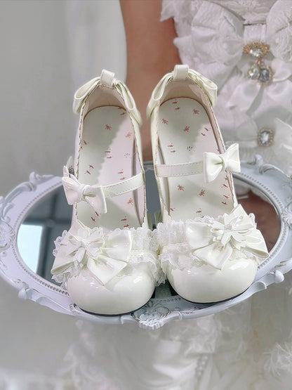 Ivory Kawaii Round Toe Lolita Shoes with Cherry Blossom, Lace & Bow - Hazelnut Bear