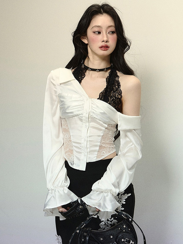 ホワイトレースパッチウエスト長袖ブラウス、ブラックレースホルターネックデザイン