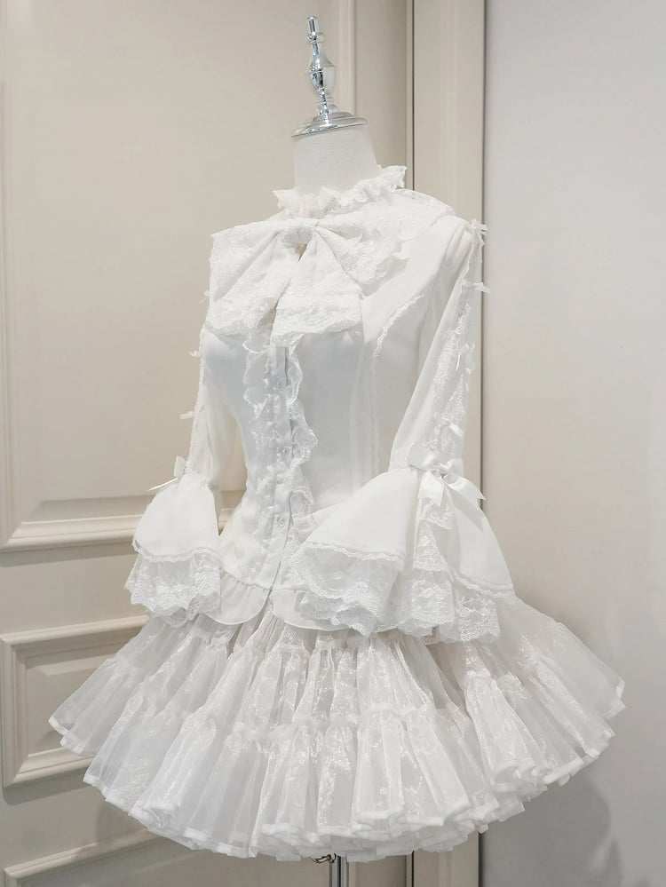 Neckline Shirt Bows Small 3 and 4 Sleeves with Ruffle Lolita White - Meng Fu Zi