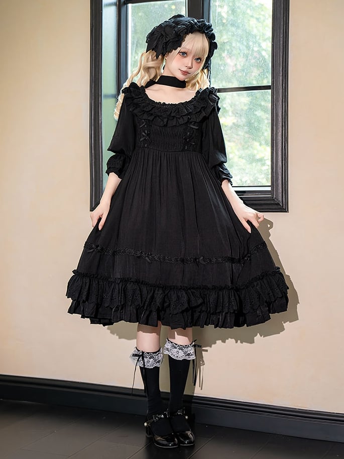 Lolita-Kleid Kuro, alle Ärmel, schwarz, hohe kurze Taille