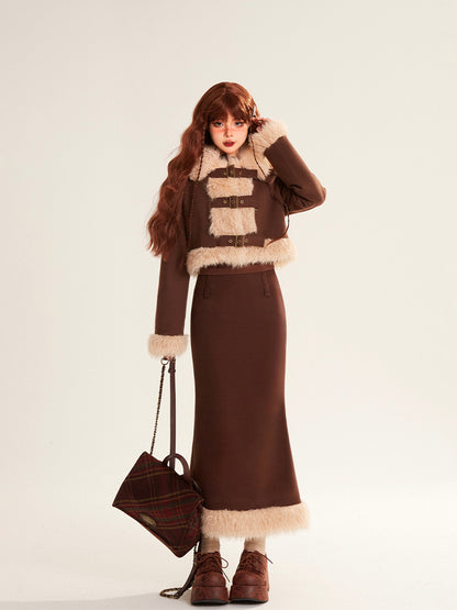 Pencil Coat Fur Coffee Trimmed Skirt with Crop Straps Faux Buckle Set Zipped
