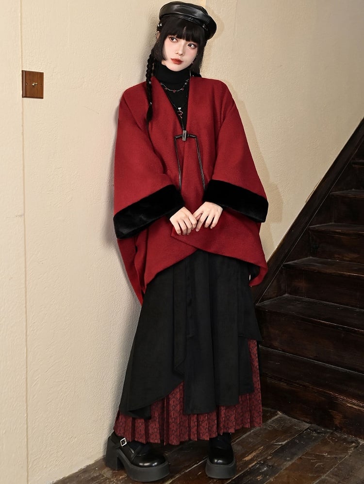 Embellished - Year Red Coat Cuffs Placket Button Plush Sleeve New Tassel Cape